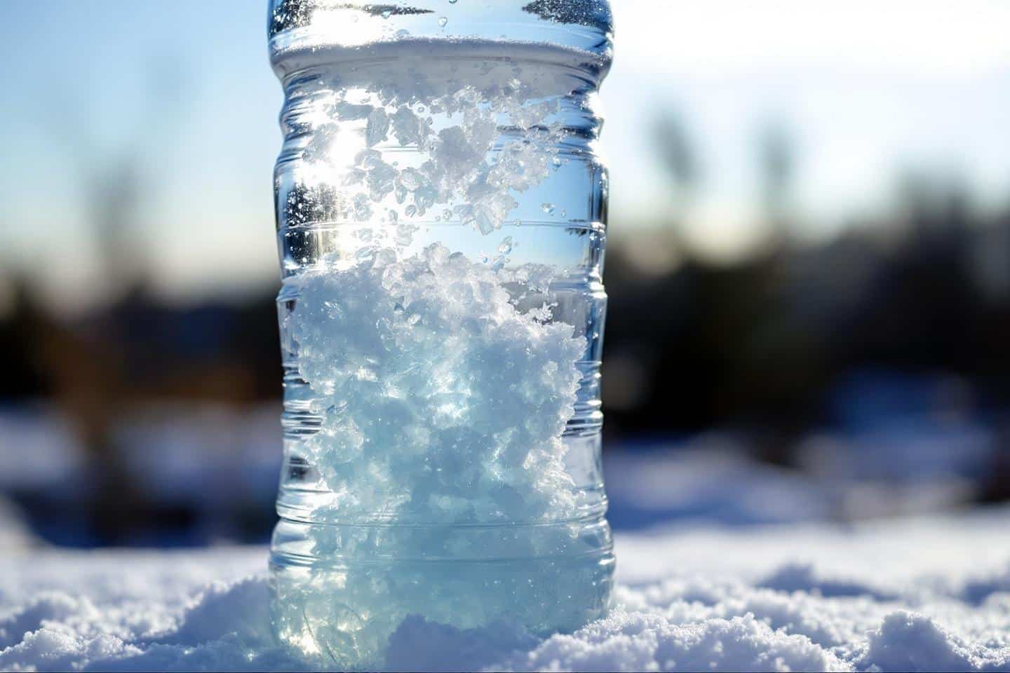 Bouteille transparente remplie de glace et de neige à l'extérieur
