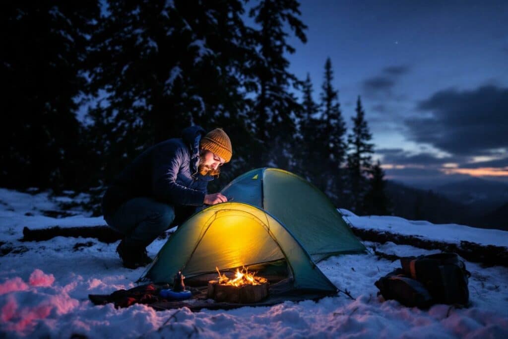 Tente illuminée dans un paysage enneigé avec feu de camp