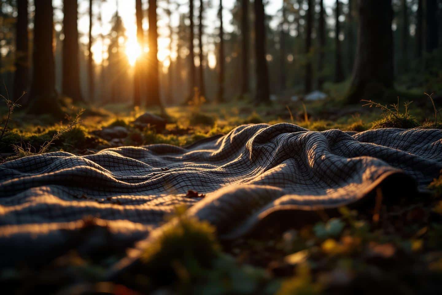 Tissu ondoyant dans une forêt baignée de lumière dorée