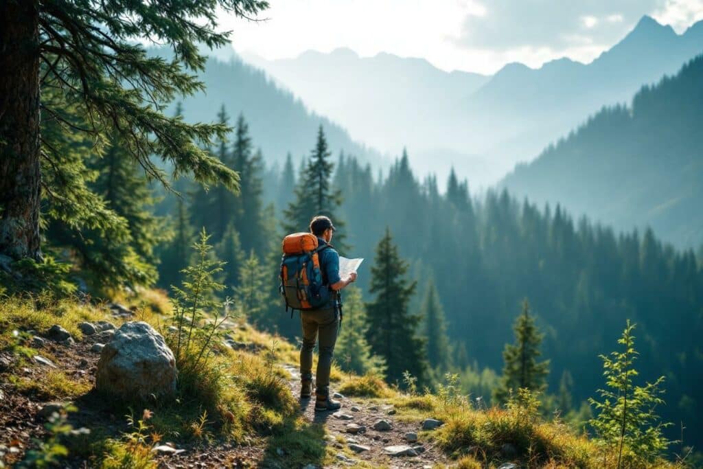 Sac à dos explorant un sentier de montagne boisé