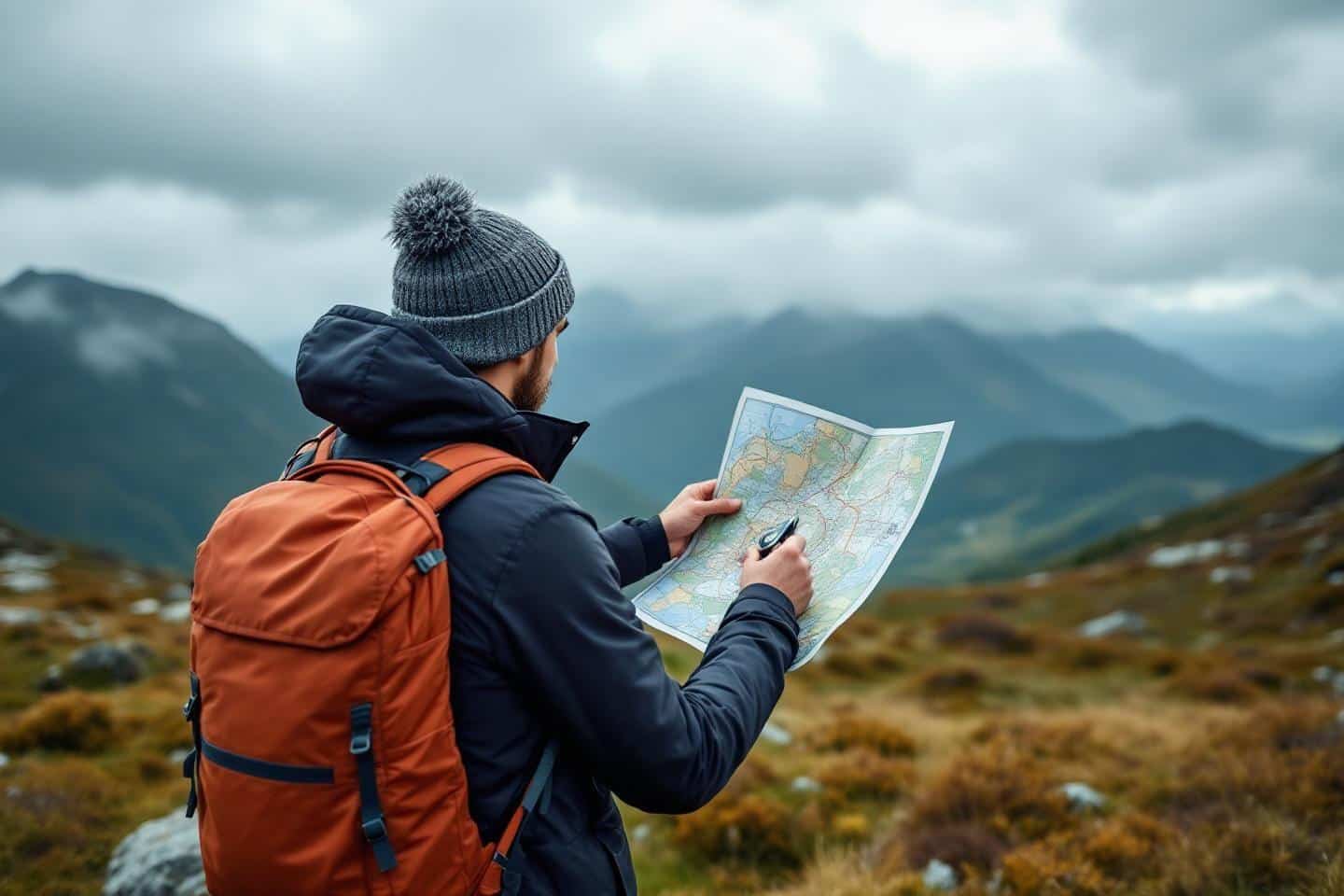 Dos d'un randonneur avec carte et sac à dos