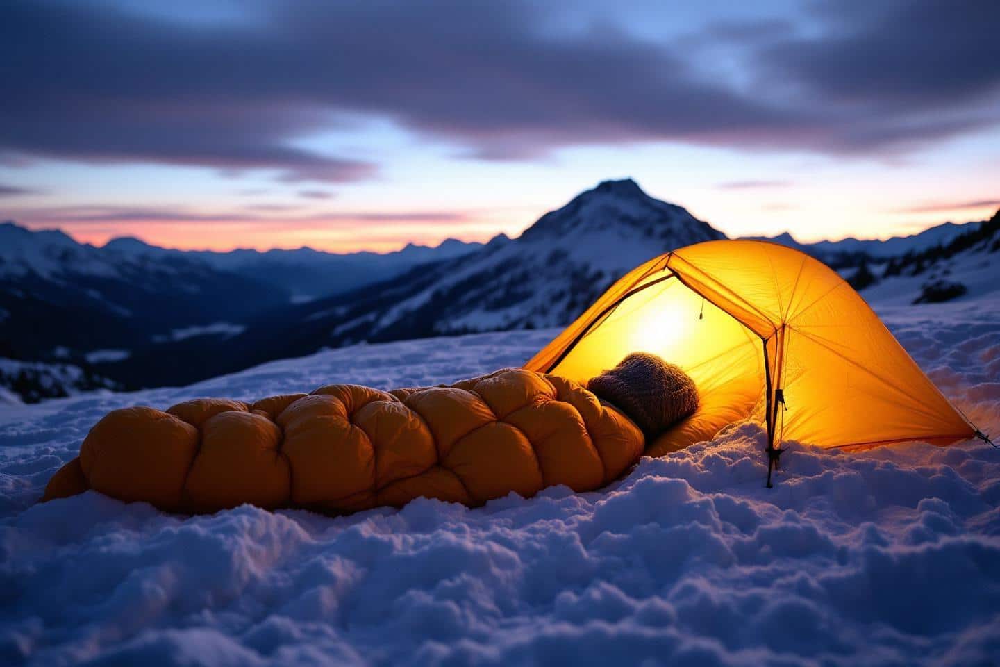 Tente orange illuminée dans les montagnes enneigées au coucher du soleil