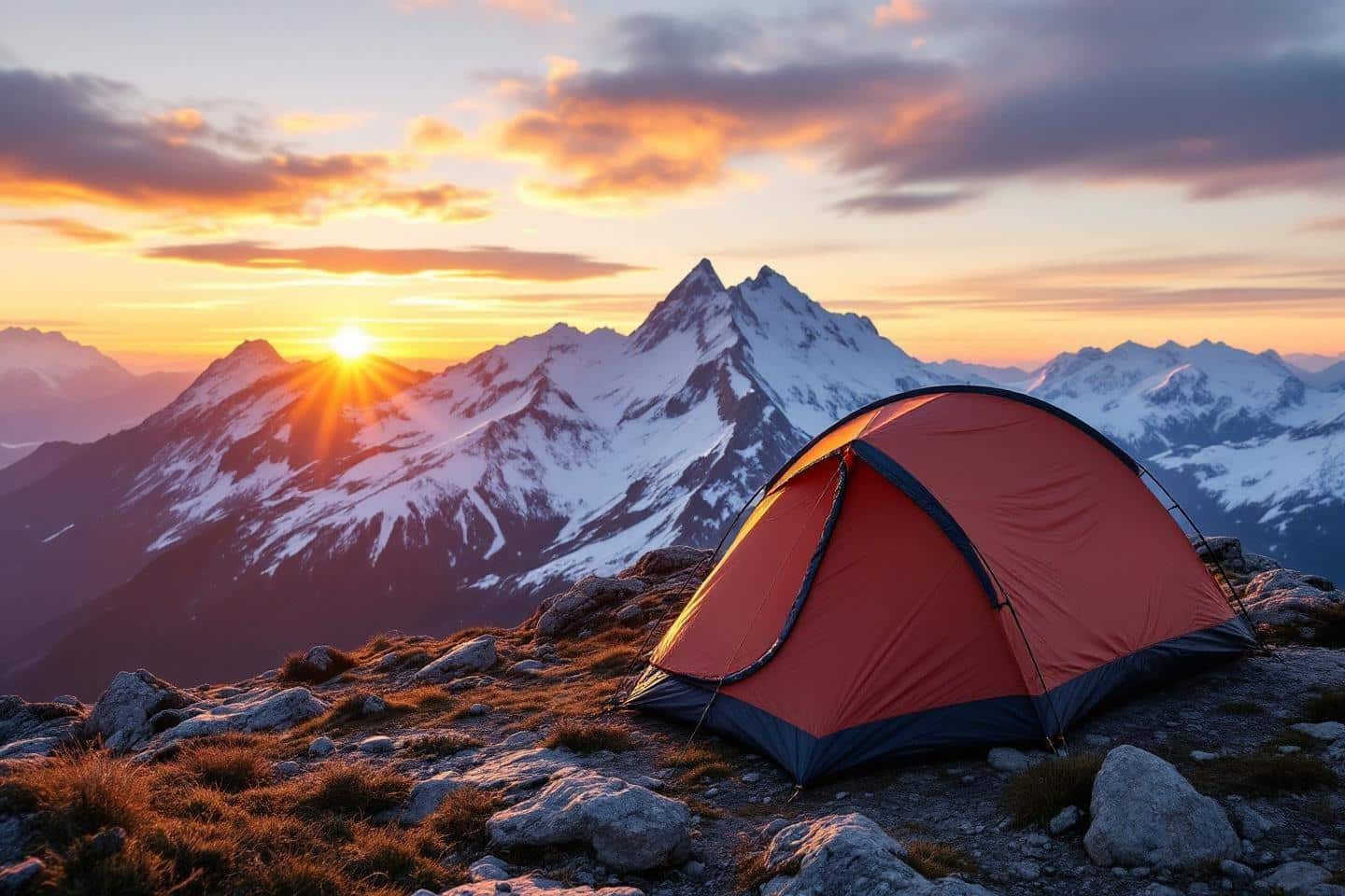 Tente orange sur rochers avec montagnes enneigées et soleil