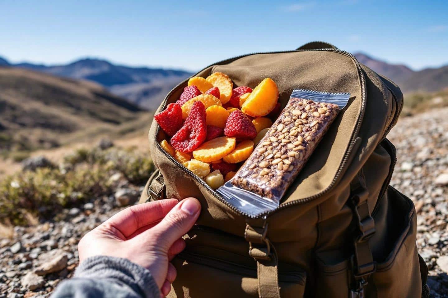 Fruits et barre de céréales dans un sac à dos de randonnée