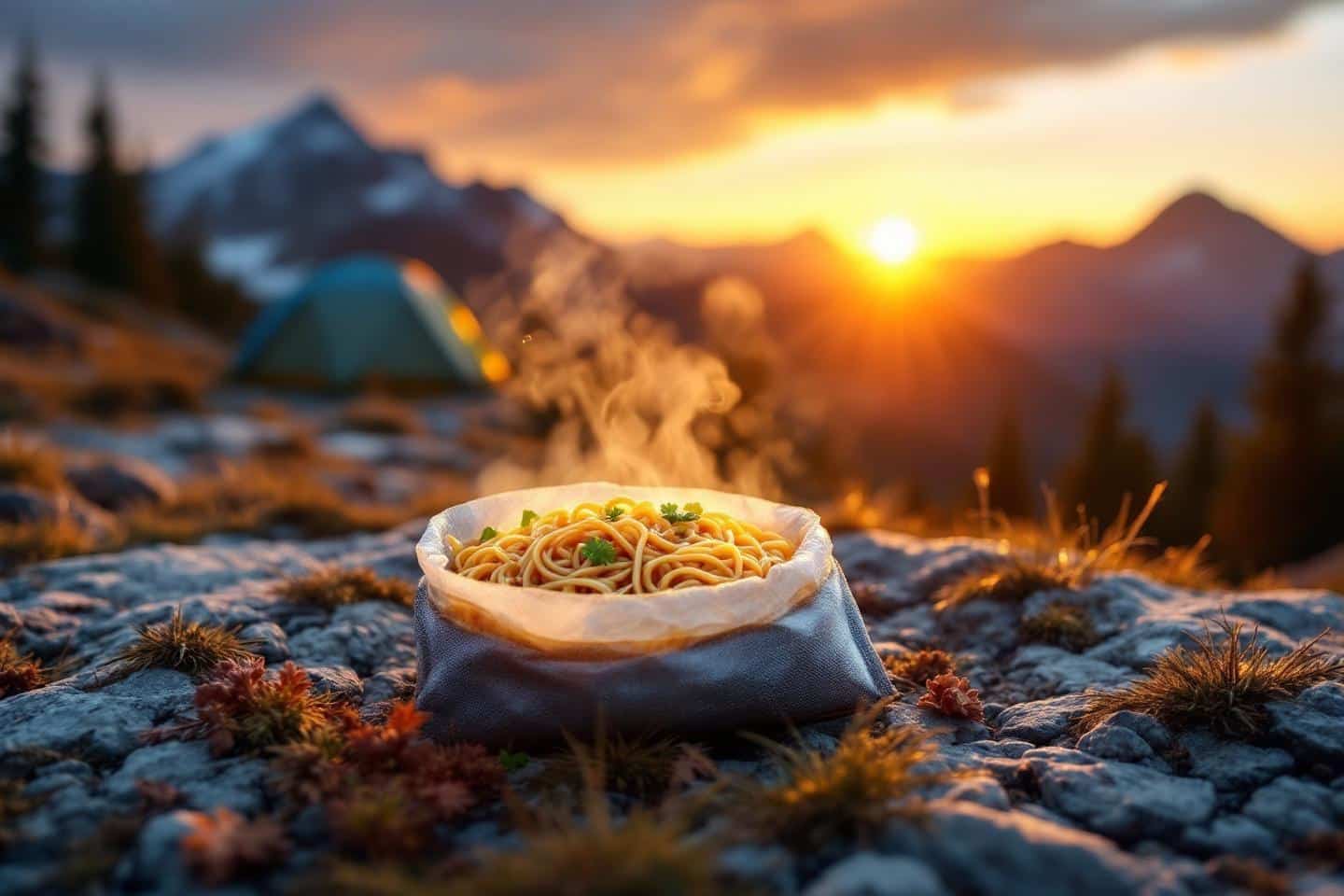 Bol de nouilles fumantes devant un coucher de soleil alpin