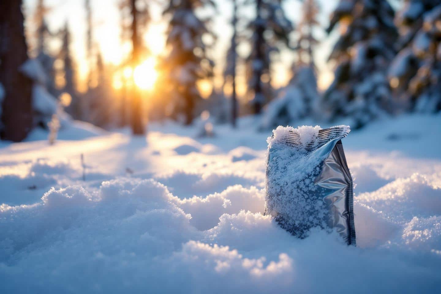 Gant couvert de givre dans un paysage enneigé au soleil couchant