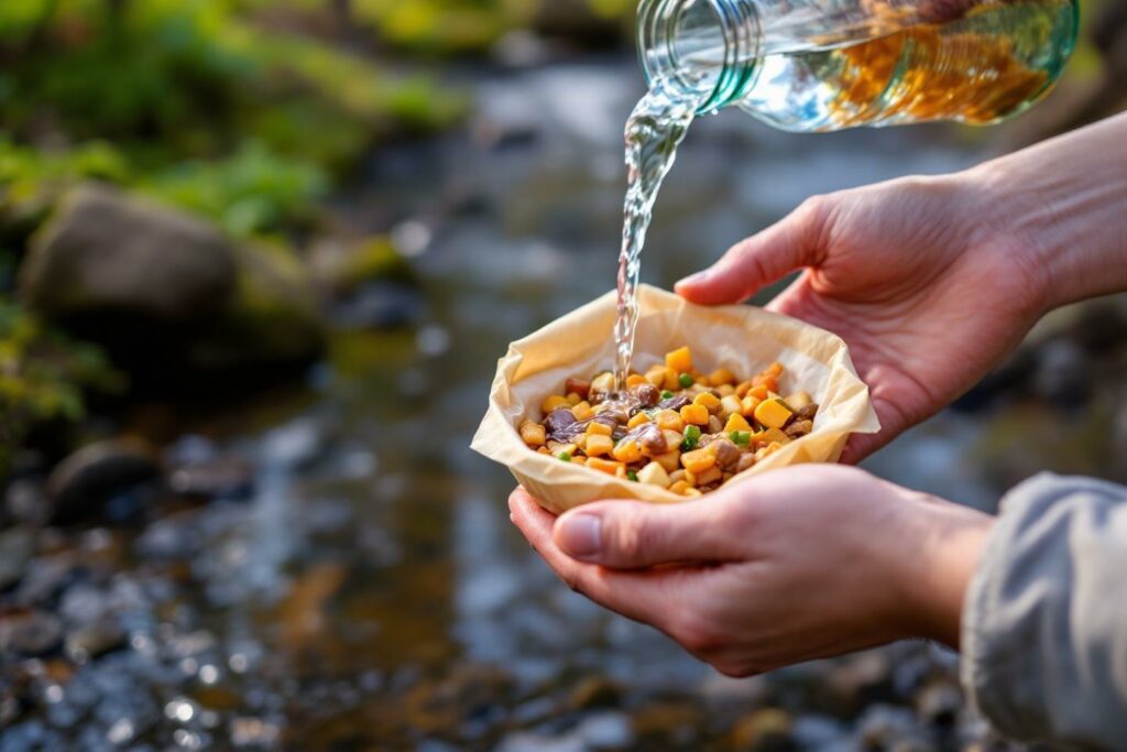 Main versant de l'eau sur des aliments dans un bol en papier