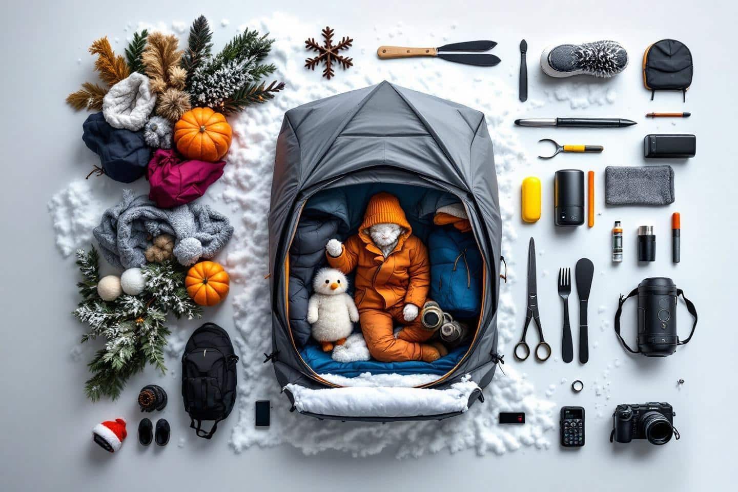 Équipement de camping d'hiver avec sac de couchage et accessoires