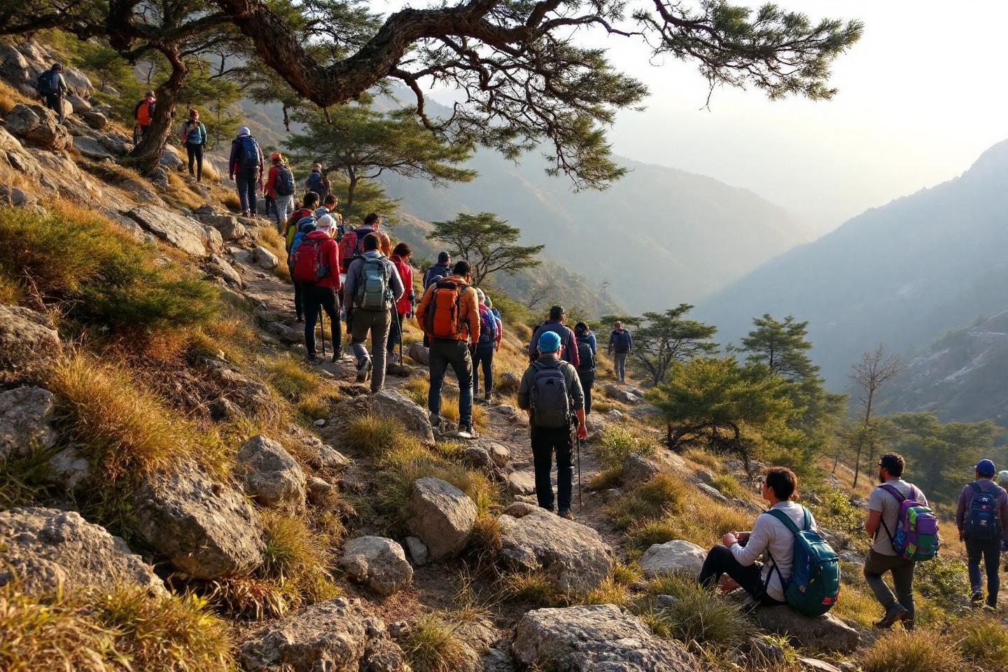 Groupe de randonneurs progressant sur un sentier rocheux en montagne