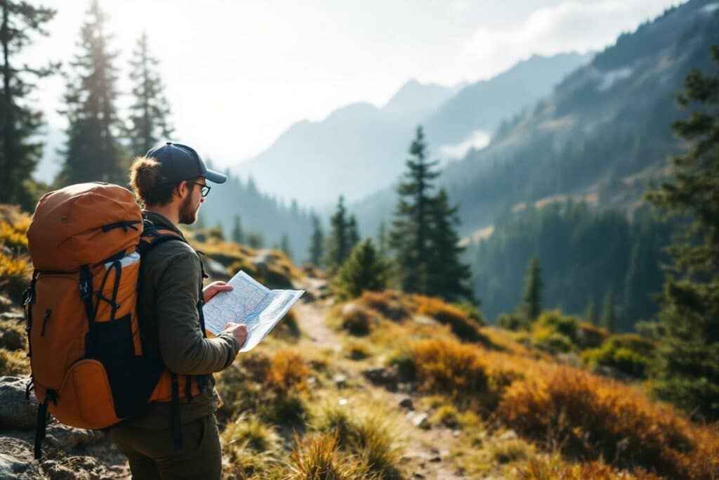 Dos d'un randonneur avec sac à dos lisant une carte