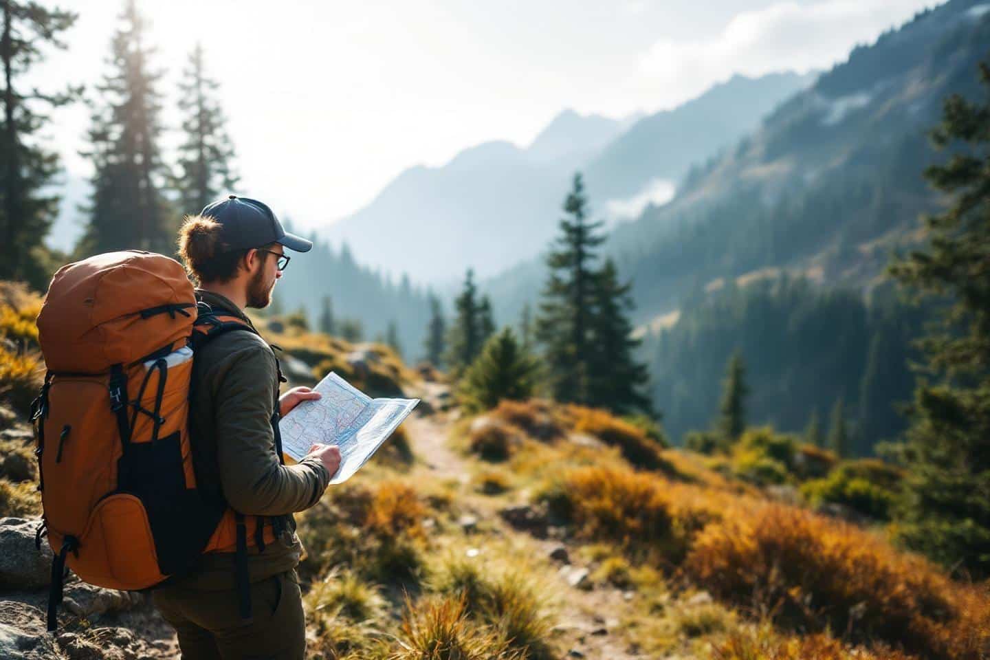 Dos d'un randonneur avec sac à dos lisant une carte