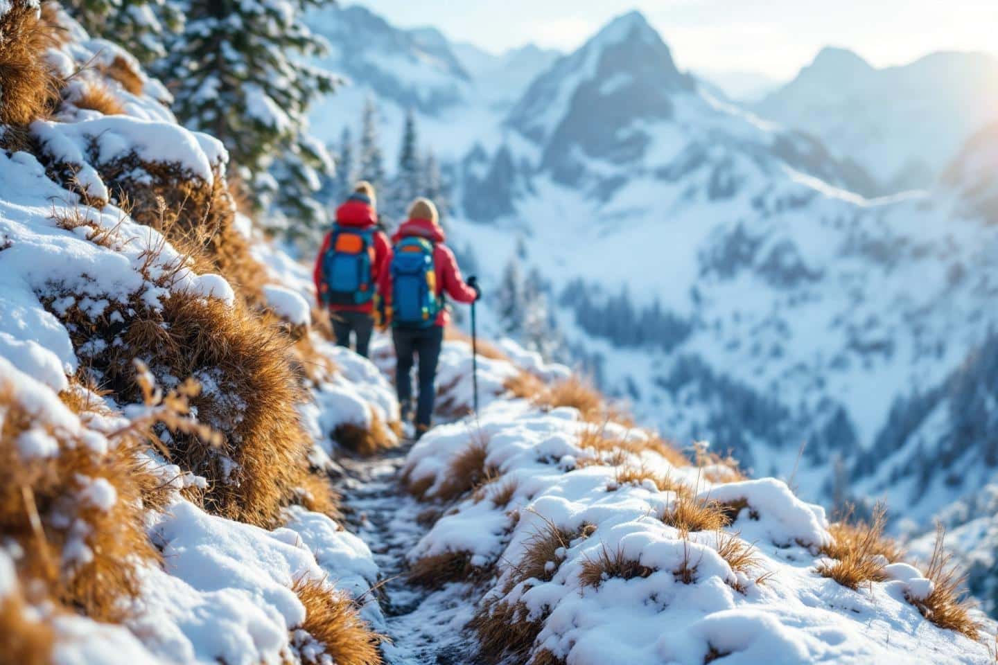 Deux randonneurs progressant sur un sentier dans les montagnes hivernales