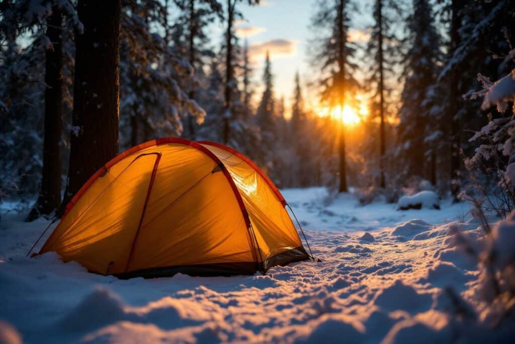 Tente orange brillante dans une forêt hivernale au coucher du soleil