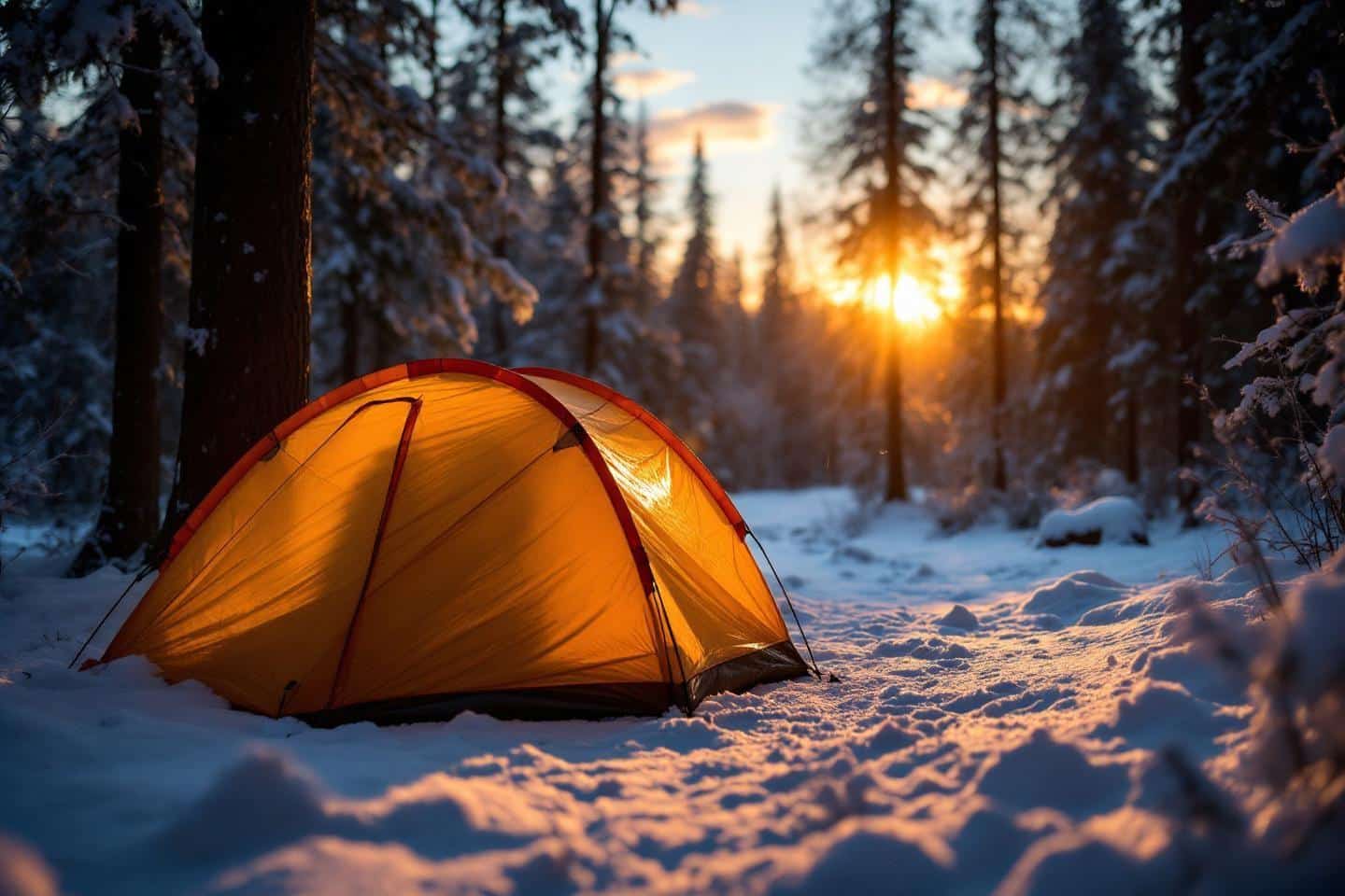 Tente orange brillante dans une forêt hivernale au coucher du soleil